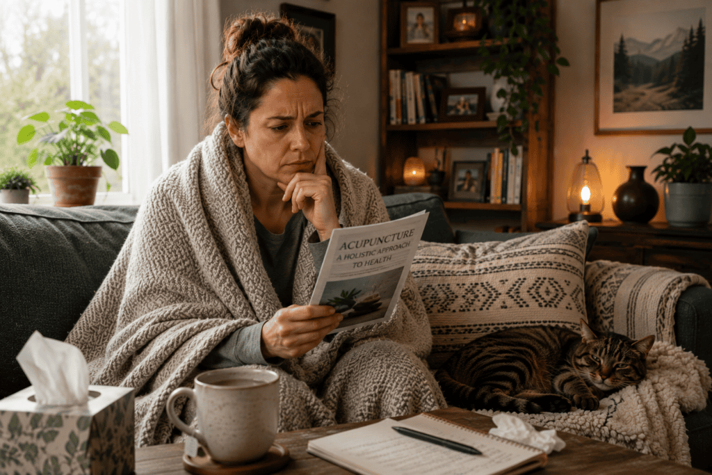 Person sitting on a couch during a sick day at home, appearing thoughtful about whether to seek treatment during illness.
