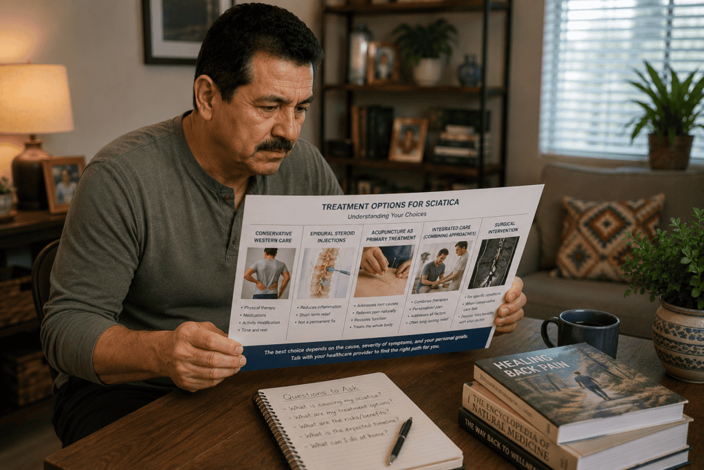 Person at home considering treatment options for sciatica including conservative Western care, acupuncture as primary treatment, and integrated care.