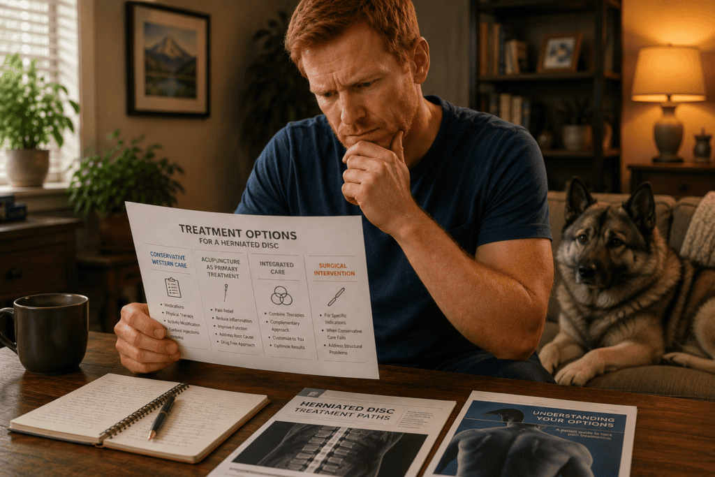 Person at home considering treatment options for a herniated disc including conservative Western care, acupuncture as primary treatment, and integrated care.