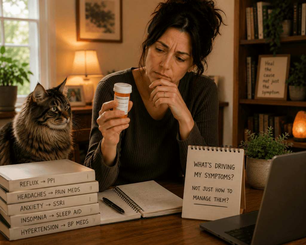 Person at home holding a medication bottle with a thoughtful expression, communicating the consideration of whether the medication is treating symptoms or the underlying cause.