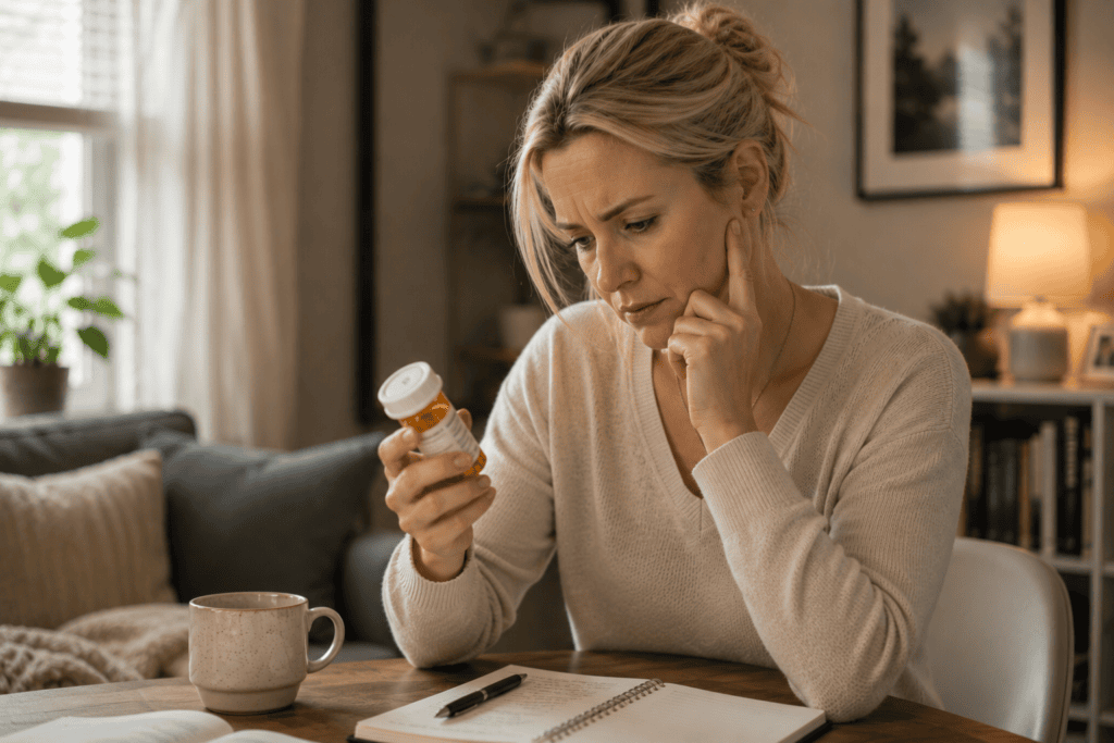 Person at home looking at a prescription medication bottle, expression communicating the frustration of a symptom-focused solution that does not address the underlying pattern.