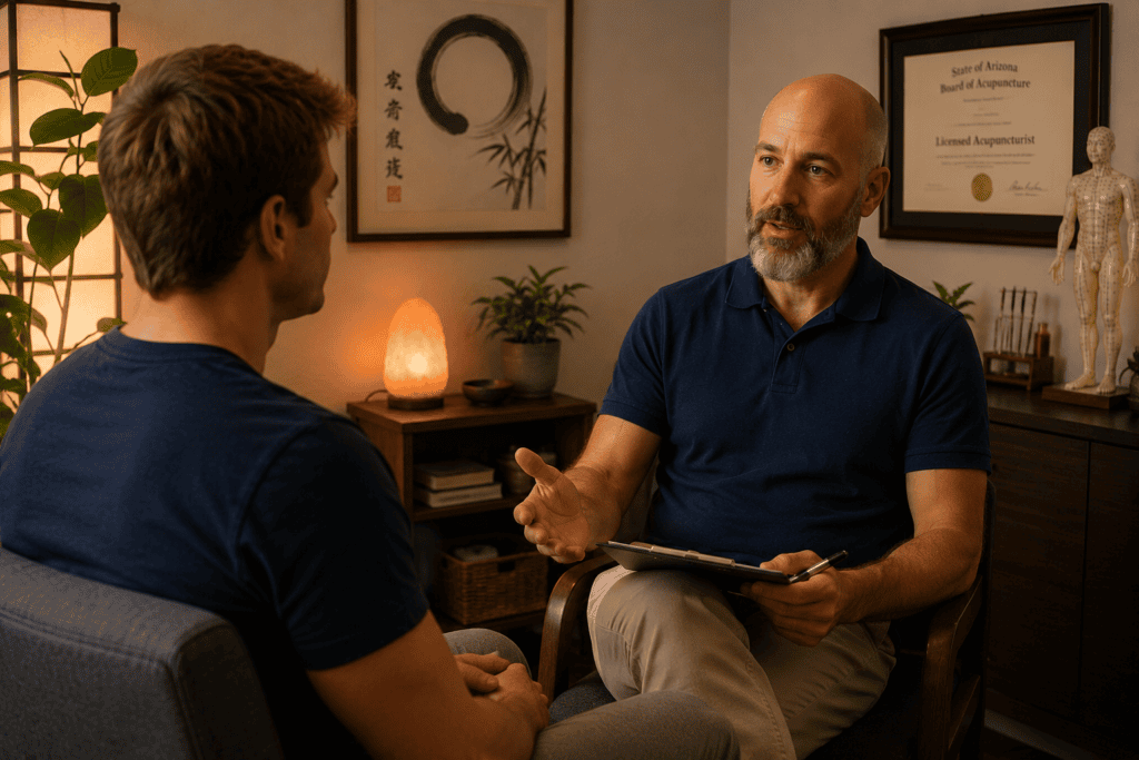 Patient in warm consultation with a licensed acupuncturist discussing chronic insomnia that requires professional treatment beyond home remedies.