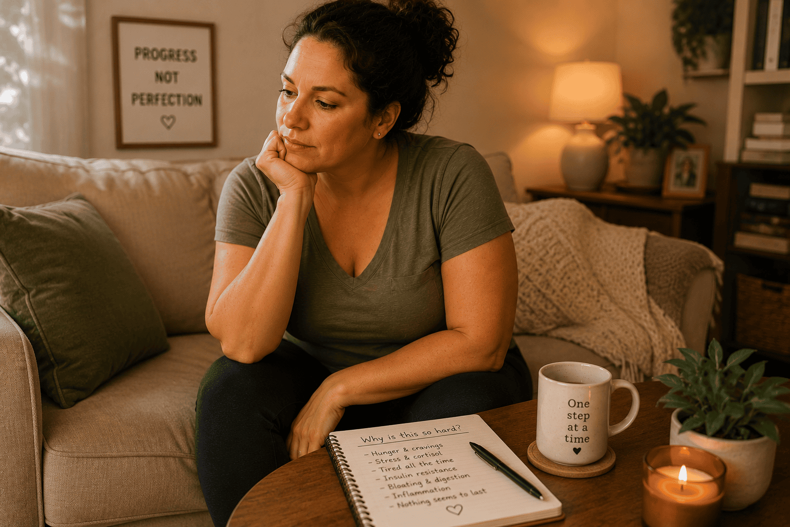 Person sitting at home in a moment of reflection about the difficulty of sustained weight loss, illustrating the biological and hormonal factors that make weight management challenging.