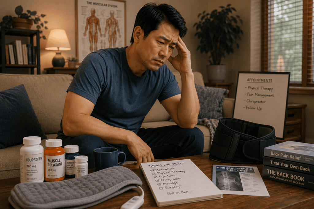 Person at home with multiple back pain treatments visible including medications and heating pads, communicating the pattern of trying multiple approaches without sustained relief.