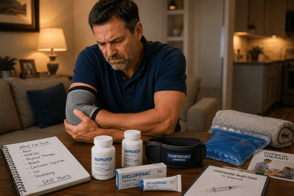 Person at home with multiple golfer's elbow treatments visible including counterforce brace and anti-inflammatory medications, communicating the pattern of trying multiple approaches without sustained relief.