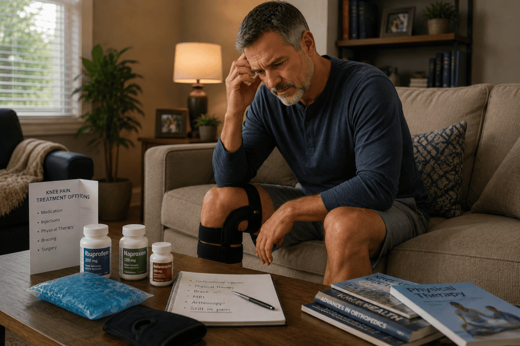 Person at home with multiple knee pain treatments visible including medications and support braces, communicating the pattern of trying multiple approaches without sustained relief.