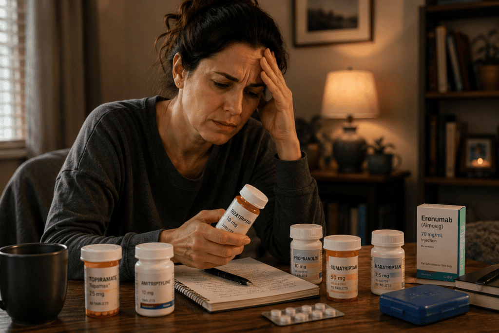 Person at home with multiple prescription medication bottles for migraine visible, communicating the pattern of trying multiple medications without sustained relief.