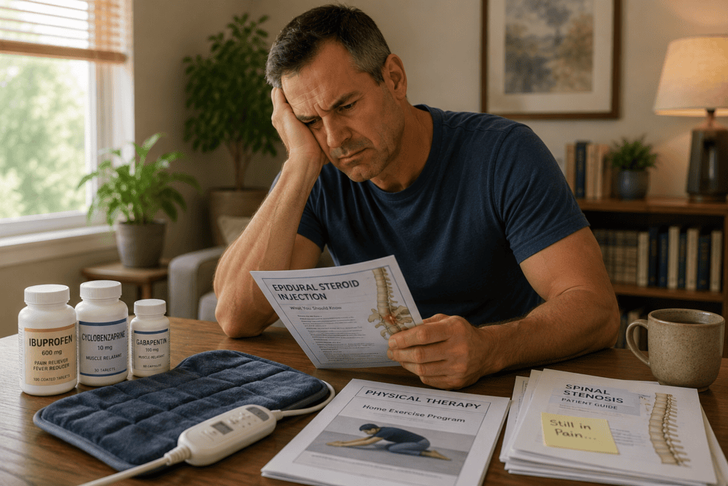 Person at home with medication bottles, a heating pad, and printed treatment materials visible, communicating the frustration of standard care that has not resolved sciatica.