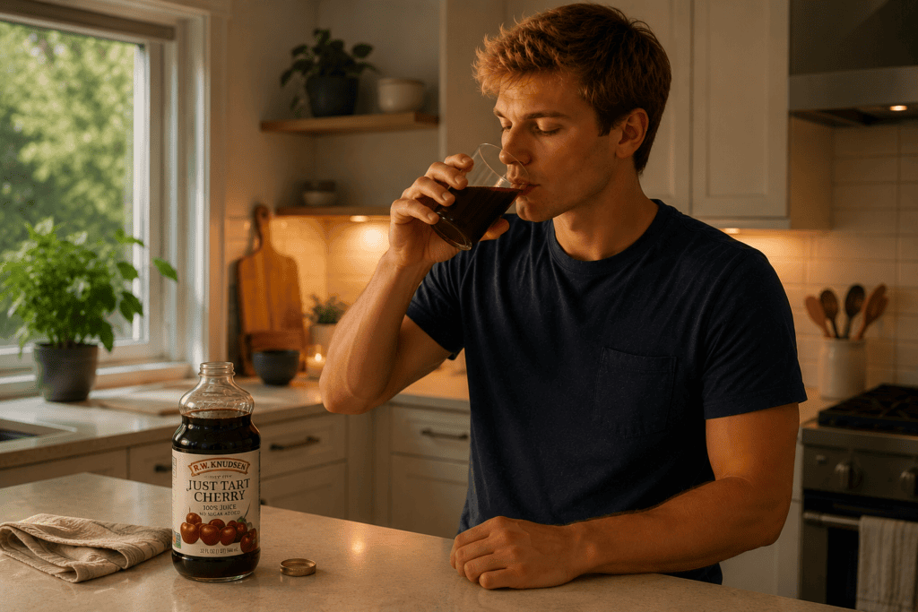 Person pouring or drinking tart cherry juice from a bottle at home, illustrating the natural sleep support that contains melatonin.