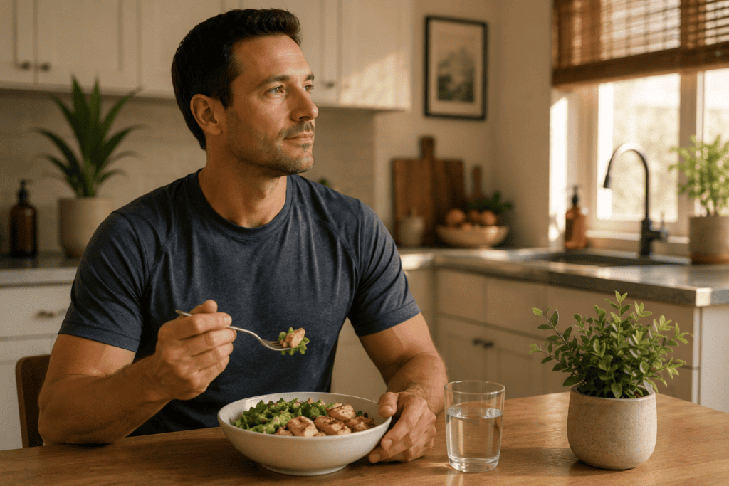 Person eating a light meal at home in the hours before an acupuncture appointment, illustrating the pre-treatment preparation that supports better outcomes.