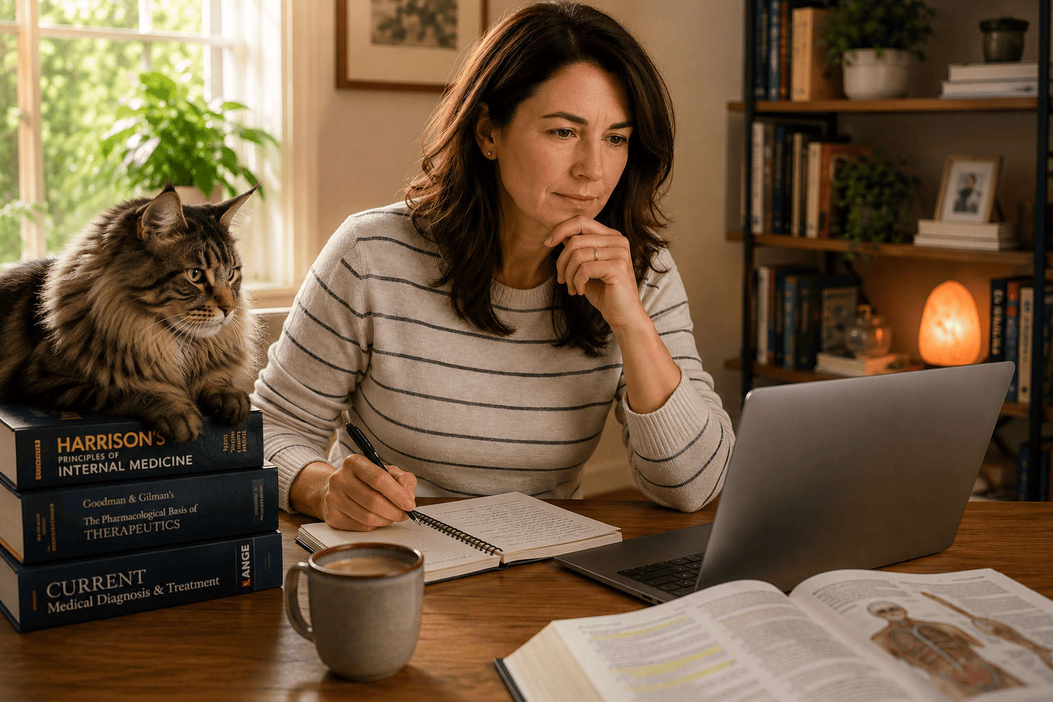 Person at a home desk engaged in thoughtful research on medical topics, communicating the honest evaluation that supports informed healthcare decisions.