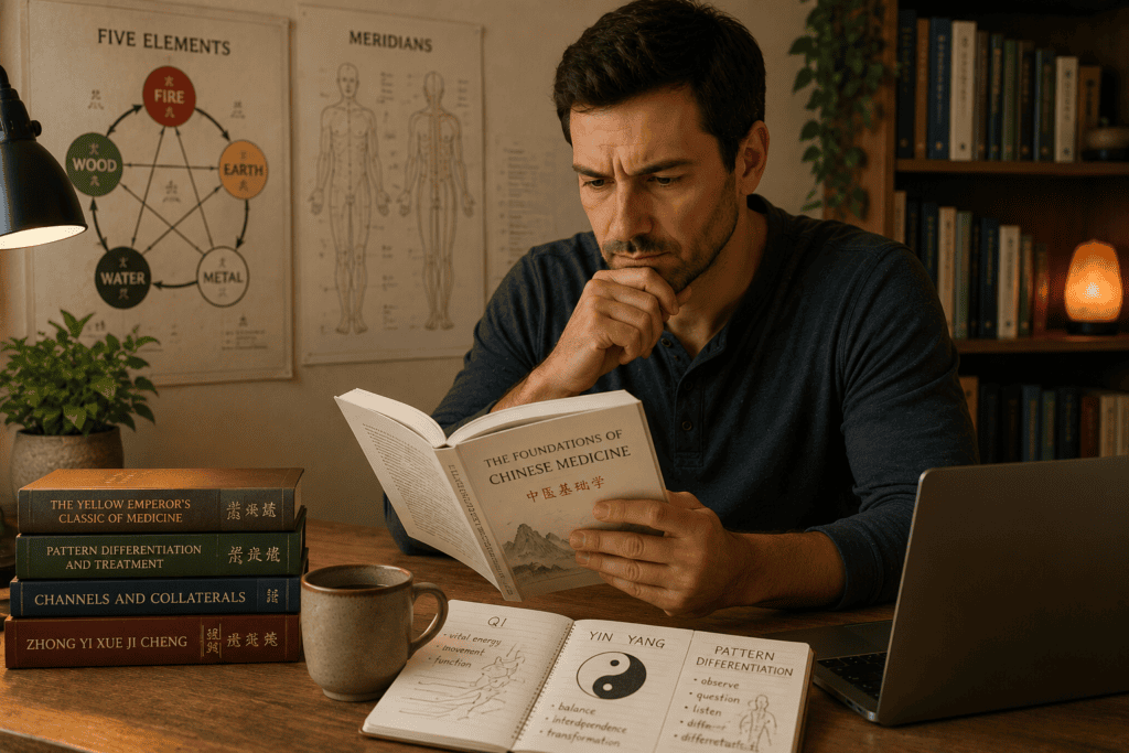 Person studying with focused contemplative expression, communicating the intellectual engagement with the unfamiliar concepts of Traditional Chinese Medicine.