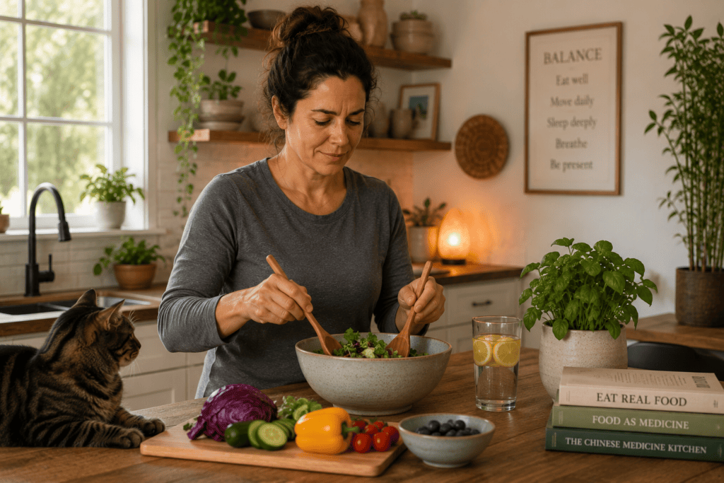 Person in a warm home setting practicing a proactive health habit like preparing a fresh meal or drinking water, demonstrating the prevention dimension of immune support.
