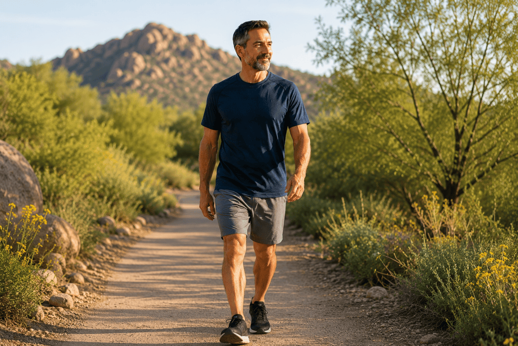 Person walking comfortably outdoors, communicating the improved knee function that comes with sustained integrated treatment for knee pain.