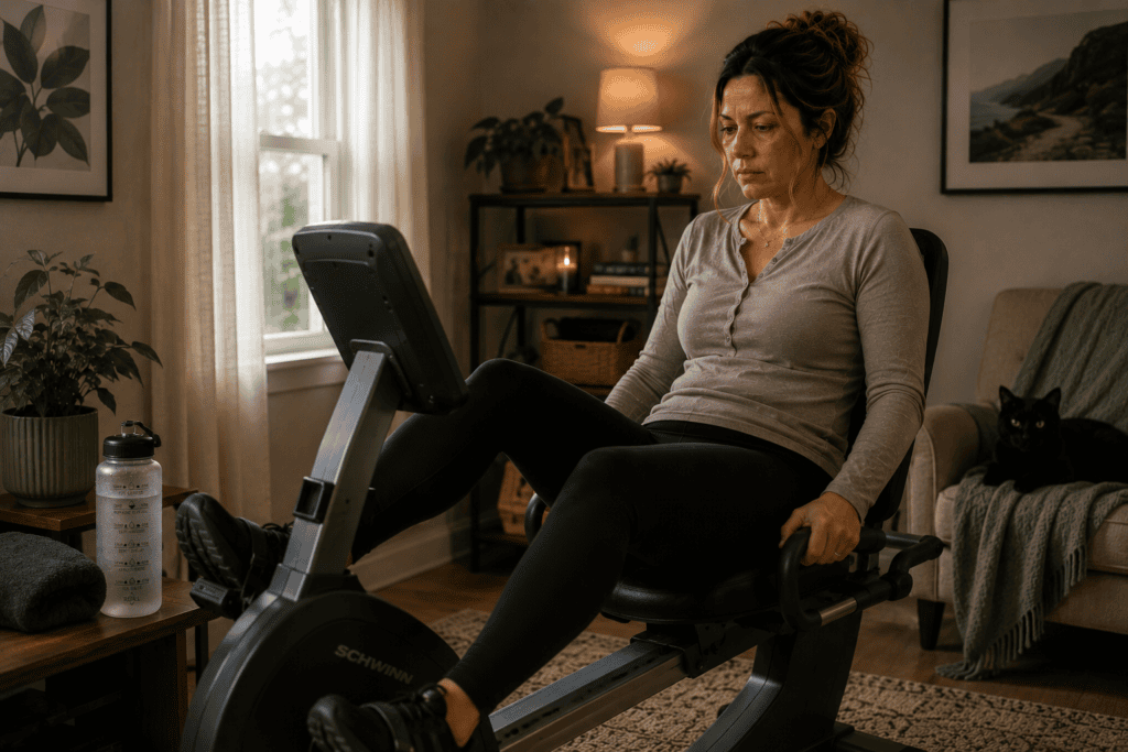 Person exercising on a recumbent bicycle at home, demonstrating the appropriate positional approach to exercise for dysautonomia patients.
