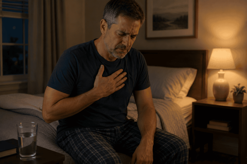 Person sitting on the edge of a bed at night with one hand pressed to the upper chest area, quietly managing the burning sensation of acid reflux.