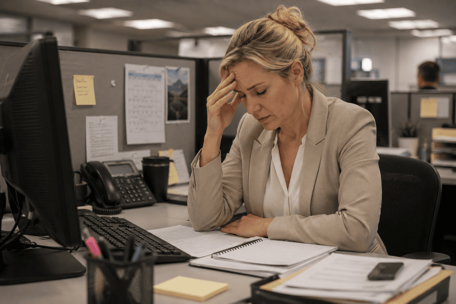 A blonde businesswoman sitting at her office cubicle with her hand pressed to her forehead, visibly overwhelmed by chronic workplace stress and mental fatigue.