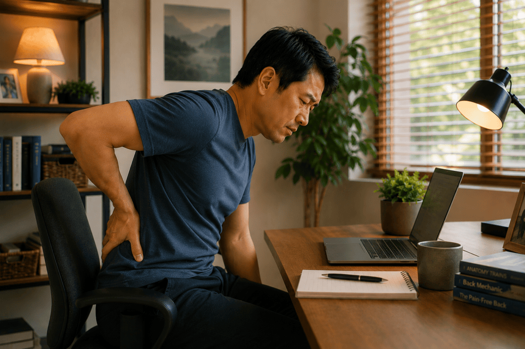 Person at home in a prolonged sitting posture at a desk, illustrating one of the common causes of chronic back pain from poor posture and inadequate movement.