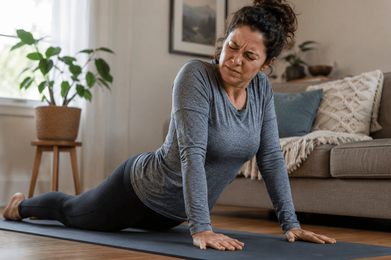 Person in the middle of a low back stretch on a yoga mat with an expression of discomfort, communicating the pattern of stretching worsening rather than relieving back pain.