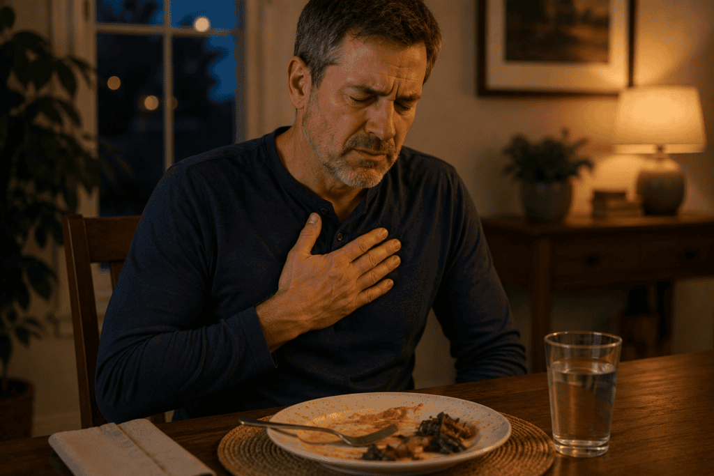 Person sitting at a dinner table after a meal with a hand on the upper chest, experiencing the burning sensation of acid reflux.