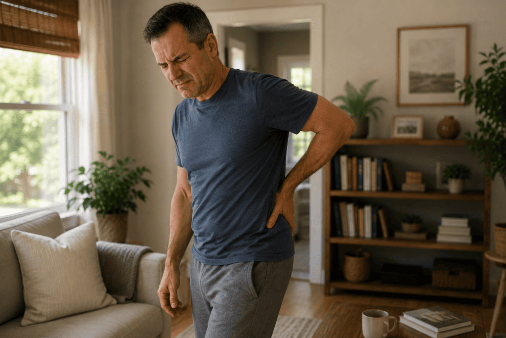 Person standing at home with one hand pressed to the lower back or upper buttock, expression communicating the discomfort of sciatica radiating down the leg.