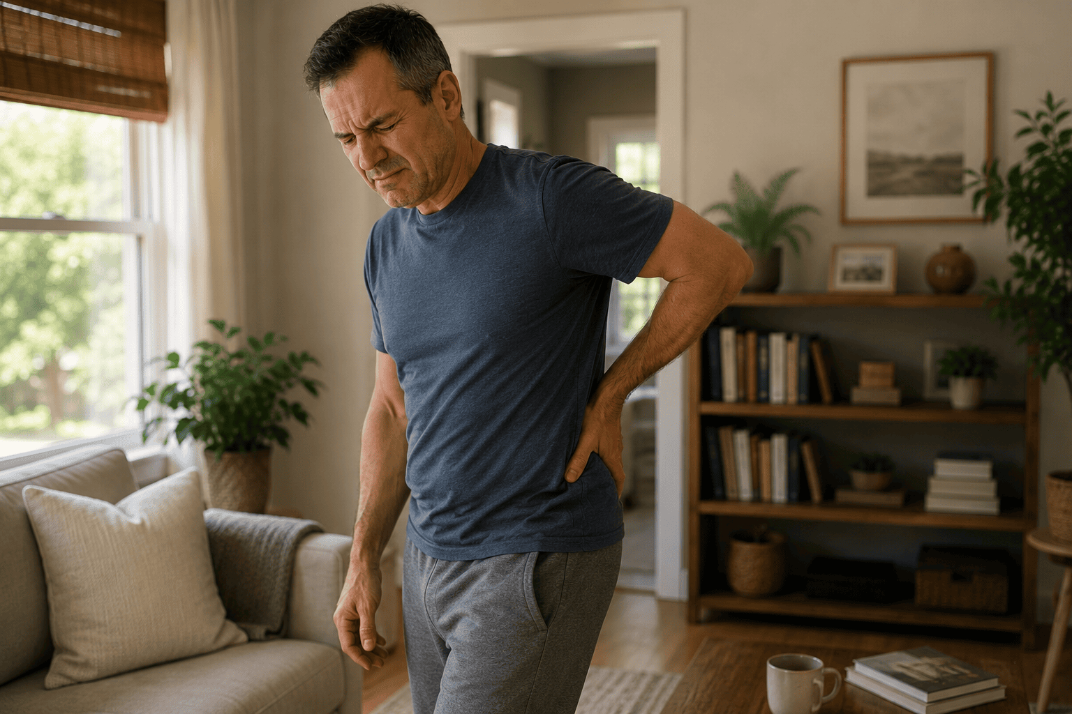Person standing at home with one hand pressed to the lower back or upper buttock, expression communicating the discomfort of sciatica radiating down the leg.