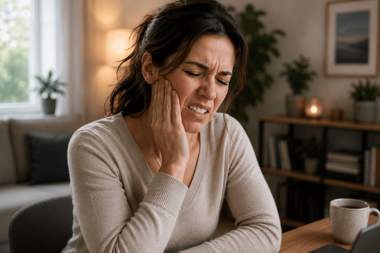 Person at home with one hand pressed to the jaw just in front of the ear, communicating the familiar discomfort of TMD pain.