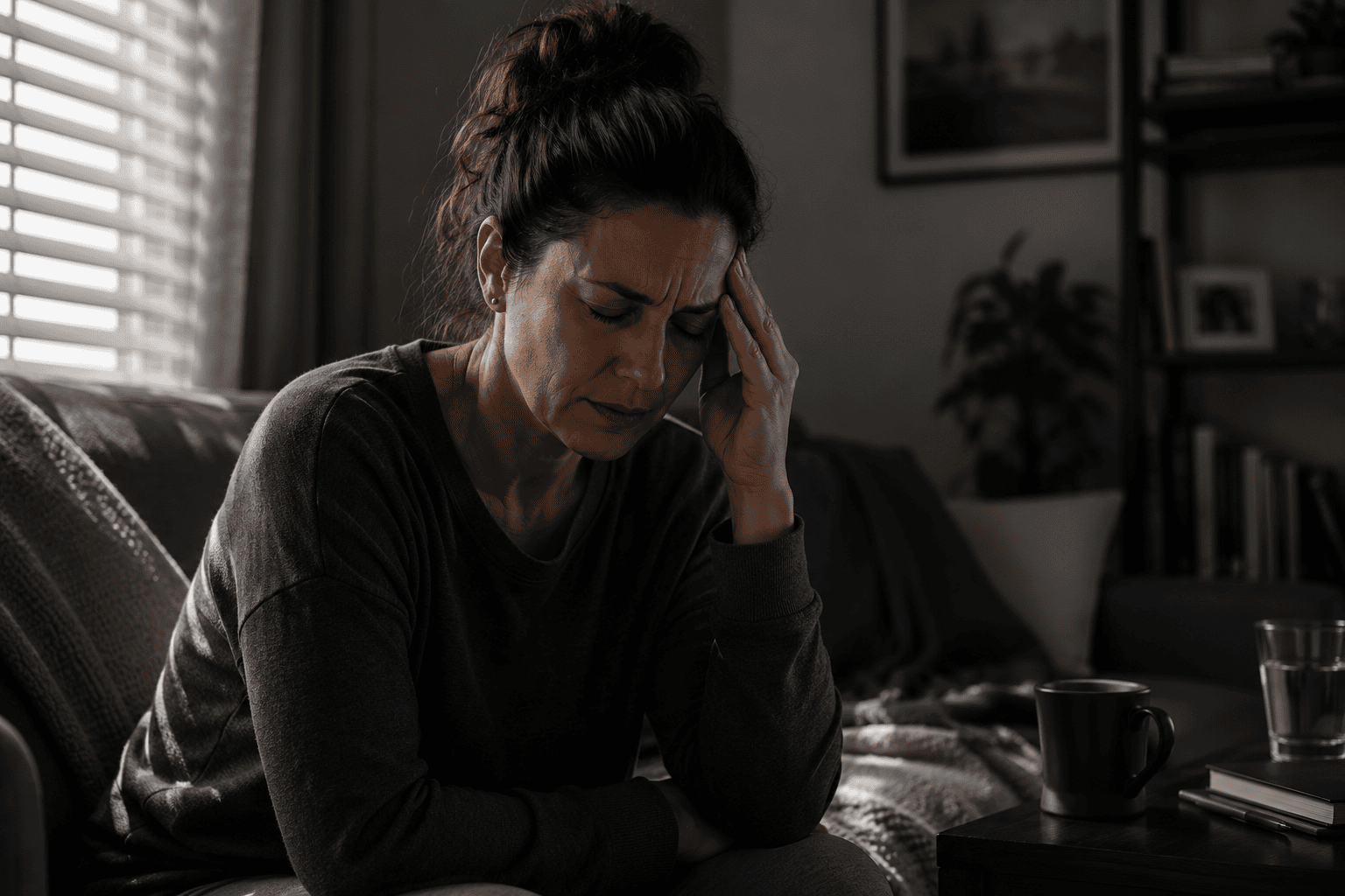 Person sitting in a dimly lit room with one hand pressed to the side of the head, communicating the debilitating experience of a migraine attack.