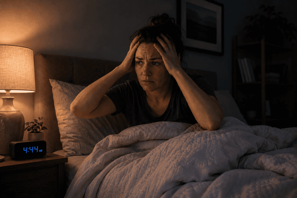 Person sitting up in bed at night with hands on head, communicating the physical hyperarousal state that characterizes chronic insomnia.