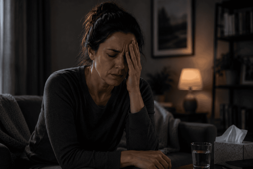Person with hand covering one eye or shielding face from light, communicating the sensory sensitivity and neurological symptoms that characterize migraine.