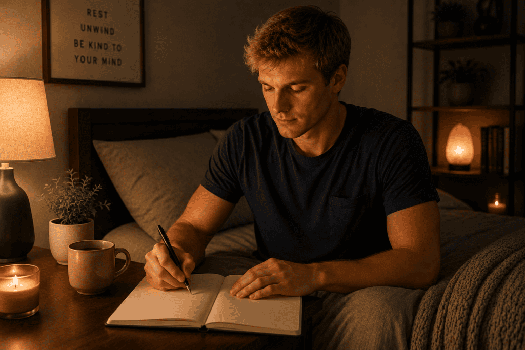 Person writing in a bedside journal before sleep, illustrating the practice of offloading mental activity to support restful sleep.
