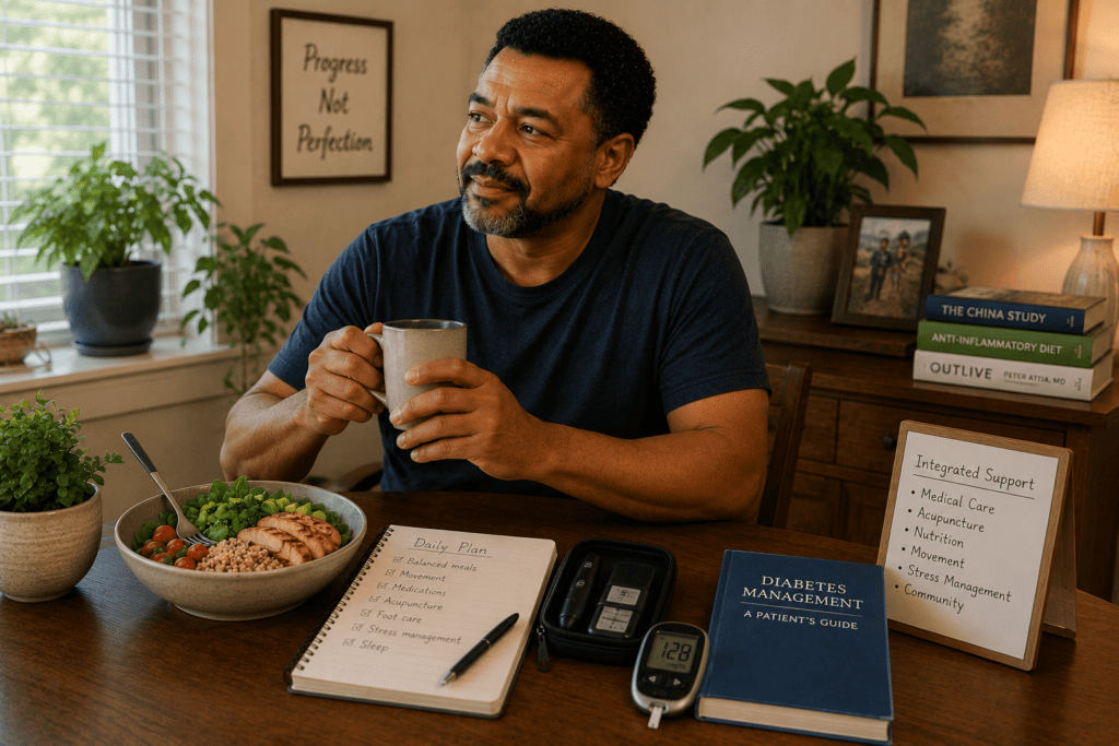 Person in a moment of quiet satisfaction managing diabetes well through integrated medical care and complementary support.