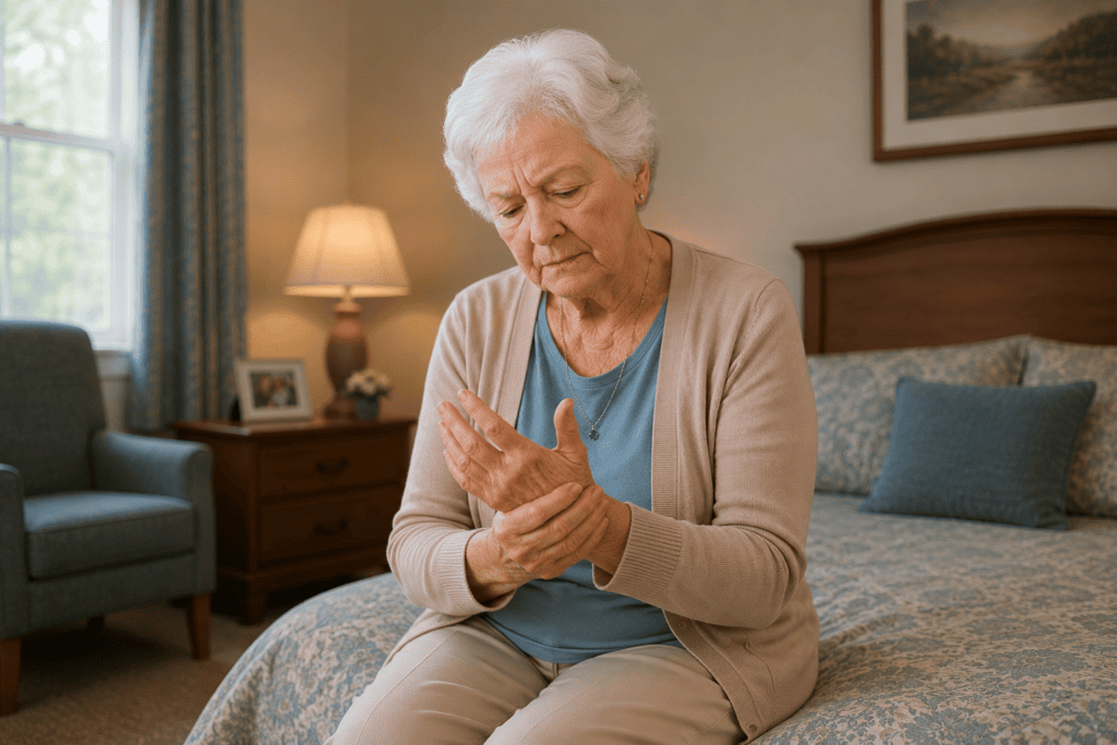 Older woman sitting on the edge of her bed in a senior living facility gently rubbing her arthritic hand with a thoughtful expression.
