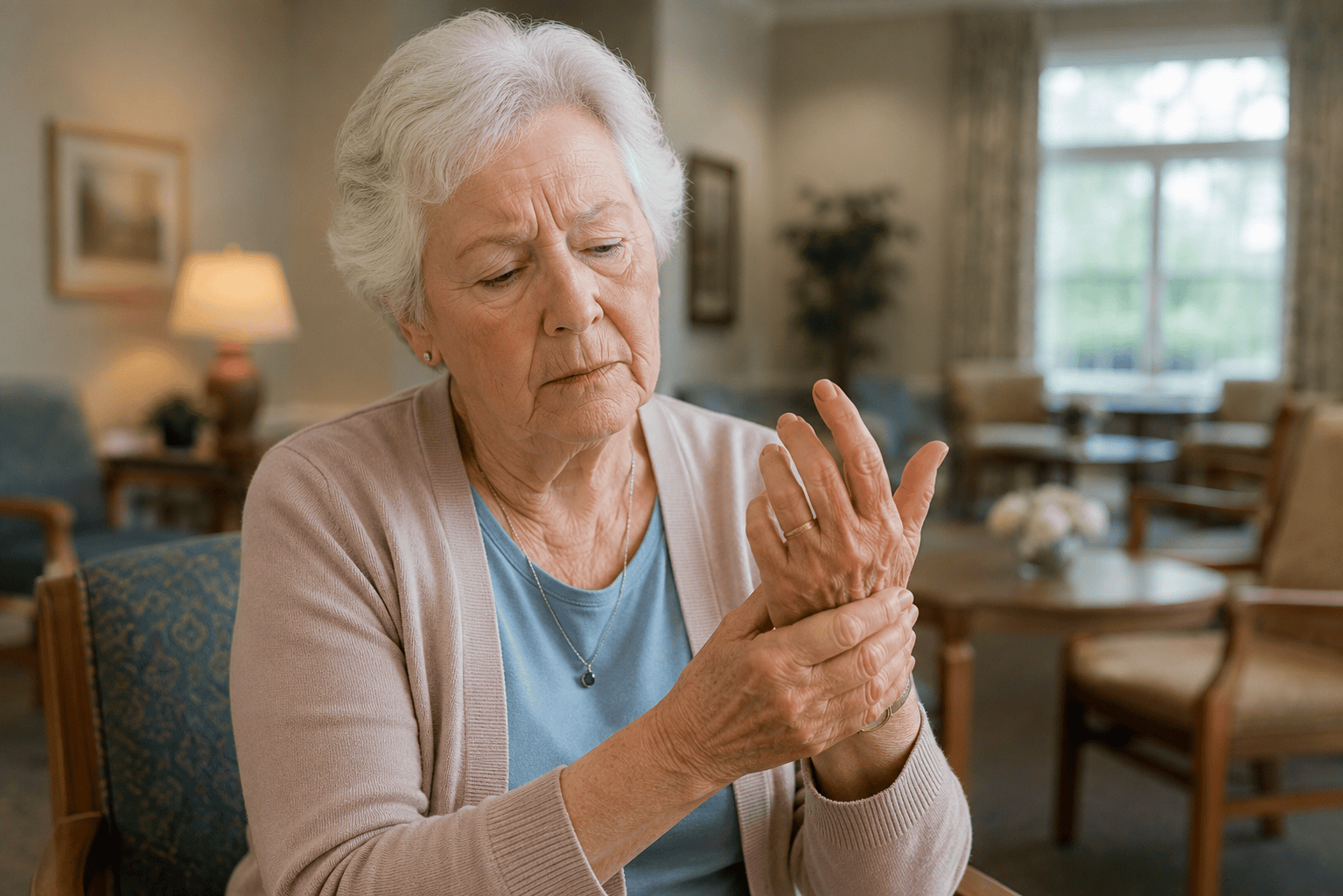 Older woman in a senior living community gently holding her arthritic hand while seated in a comfortable common area.