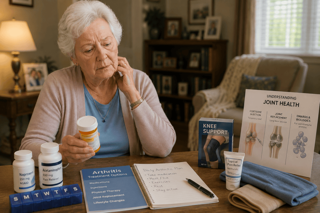Person at home managing arthritis with anti-inflammatory medications and other standard care approaches, communicating the reality of chronic disease management.