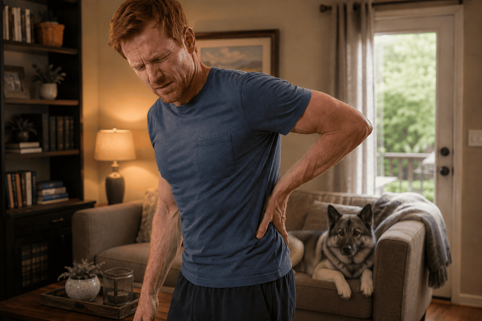 Person at home with one hand pressed to the lower back, communicating the persistent pain of a herniated disc.
