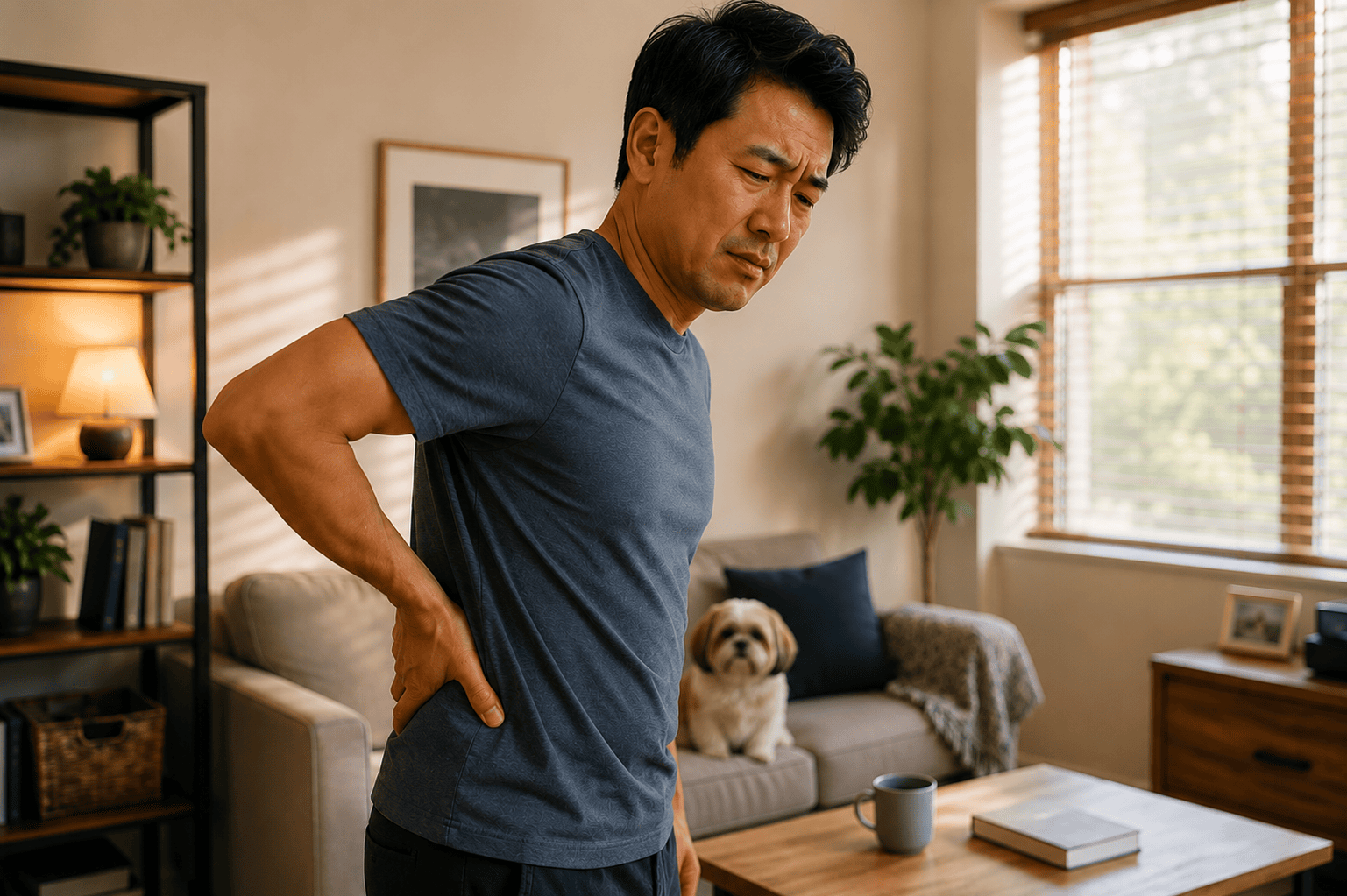 Person standing at home with one hand pressed to the lower back, communicating the common experience of managing back pain and its impact on daily life.