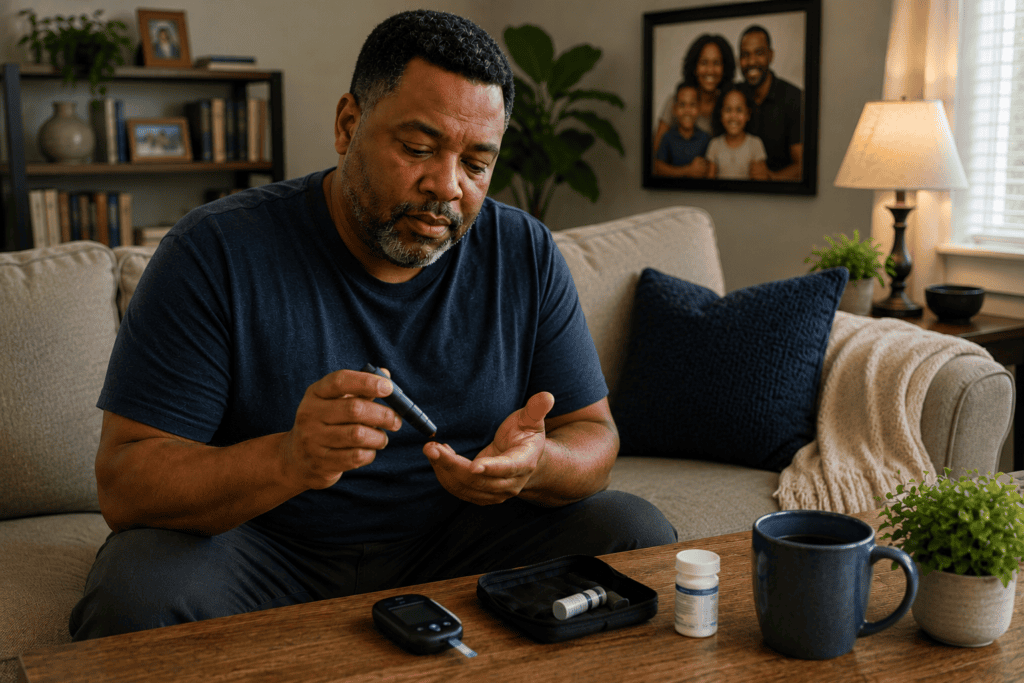 Middle-aged Black man in his living room checking his blood sugar with a glucose meter as part of his daily diabetes management routine.