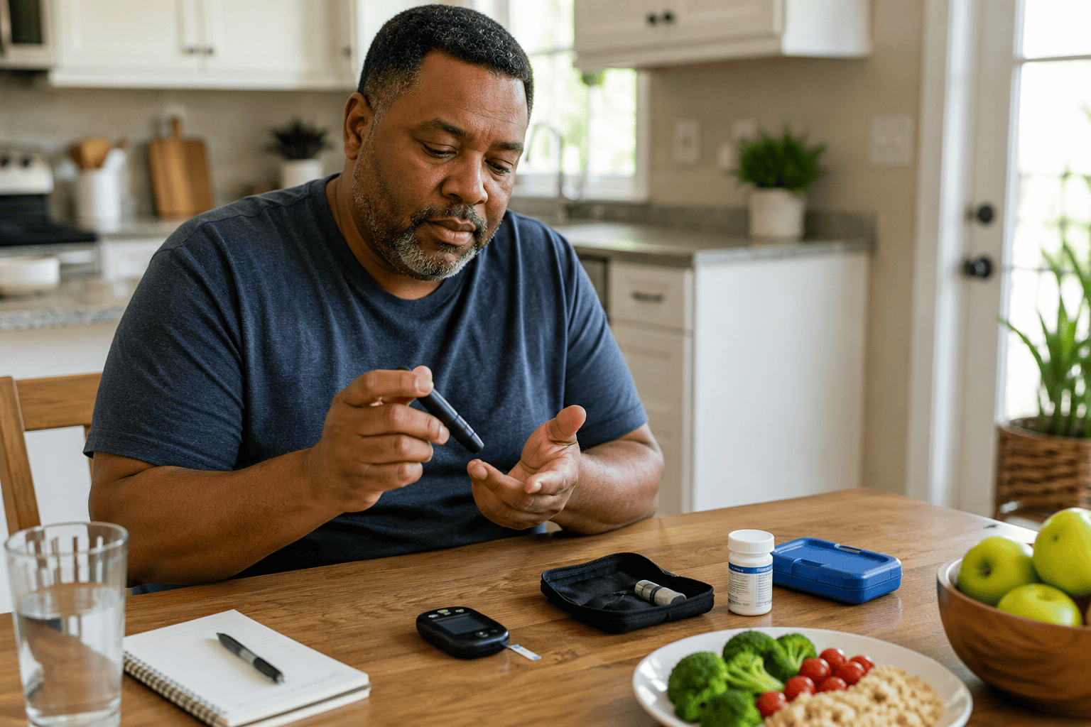 Person at home checking a glucose monitor and organizing daily diabetes management supplies, communicating the daily work of living with diabetes.
