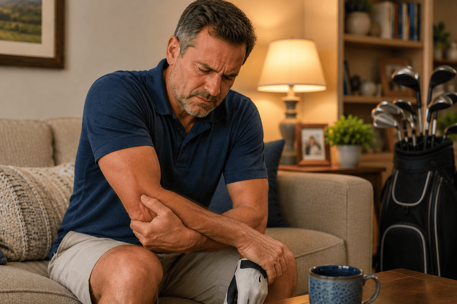 Middle-aged man sitting at home holding the inner side of his elbow in pain, illustrating the persistent symptoms of golfer’s elbow (medial epicondylitis).
