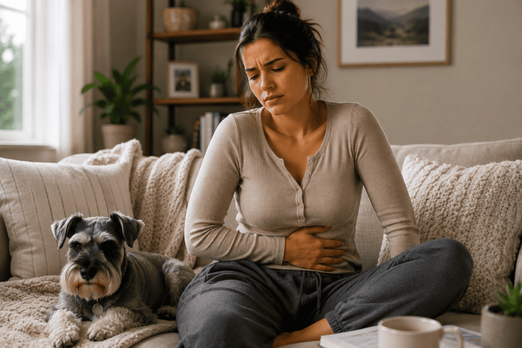Person sitting at home with one hand pressed to the abdomen, communicating the everyday experience of managing IBS symptoms that interfere with daily life.