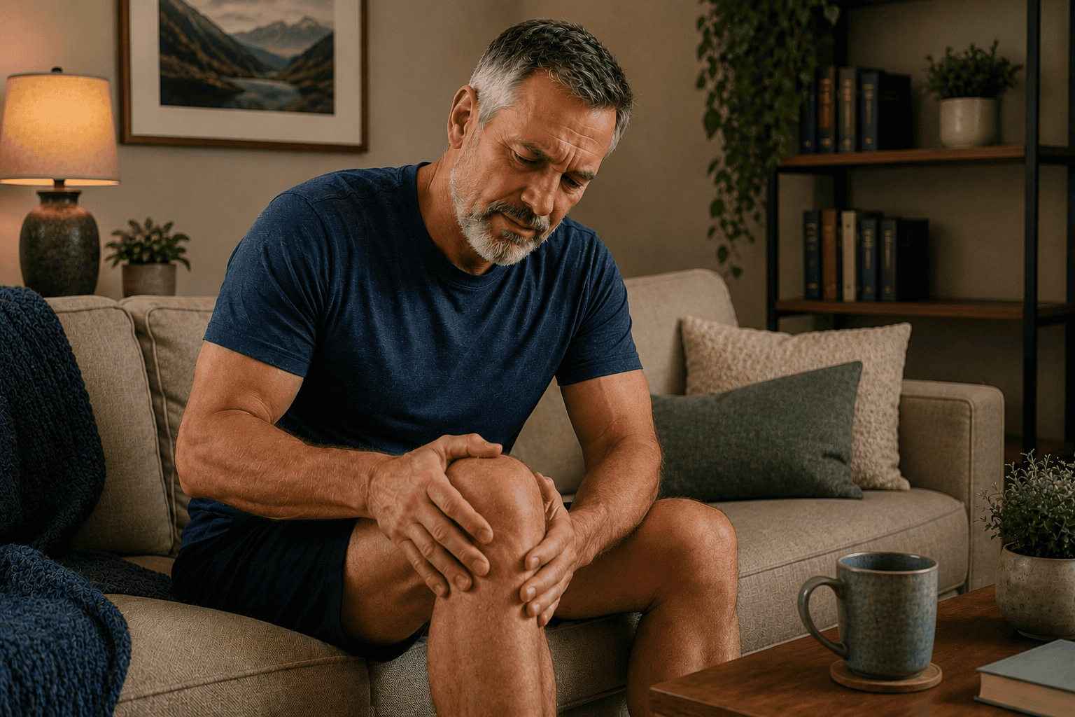 Person sitting at home with one hand pressed to the knee, communicating the common experience of managing knee pain and its impact on daily life.