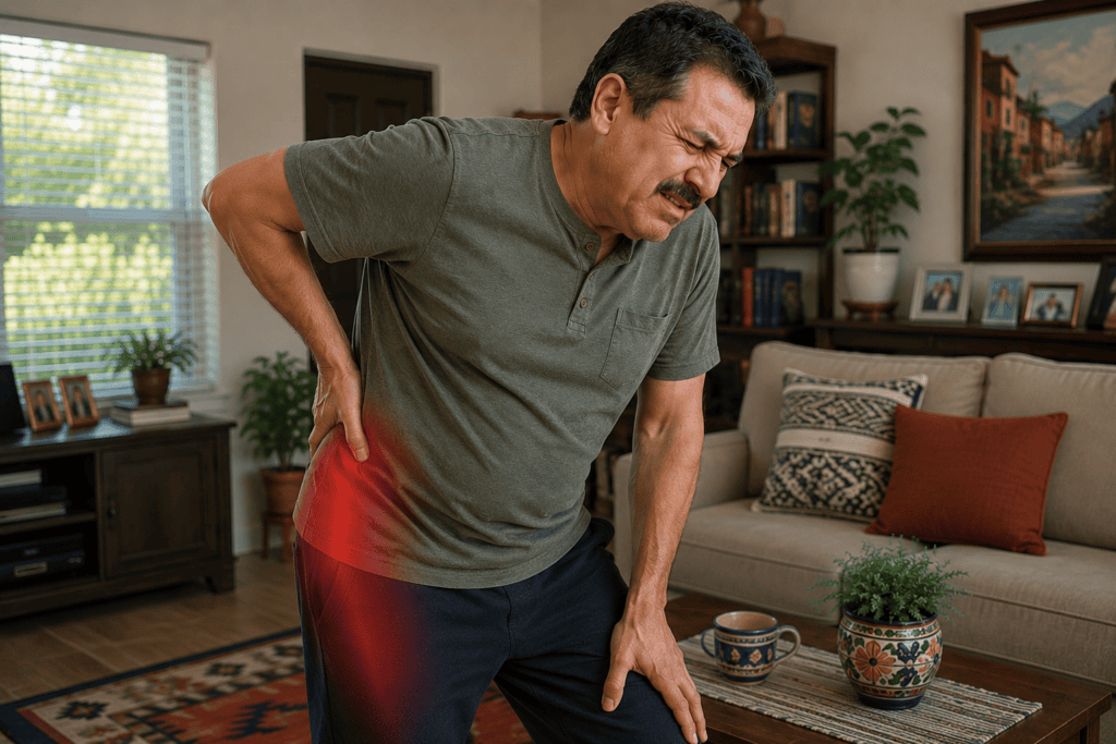 Slightly overweight Mexican American man in his 50s standing in his living room with one hand pressed against his lower back and the other on his thigh, showing the radiating pain pattern of sciatica.