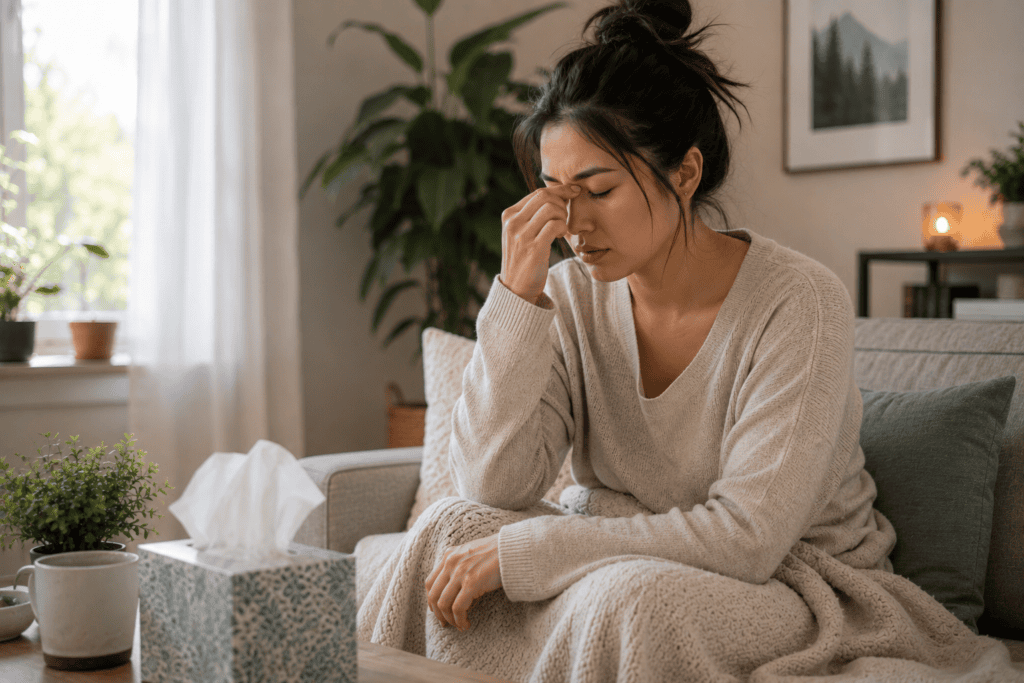 Woman sitting at home with one hand pressed to the bridge of the nose, quietly managing the everyday discomfort of sinus congestion and pressure.