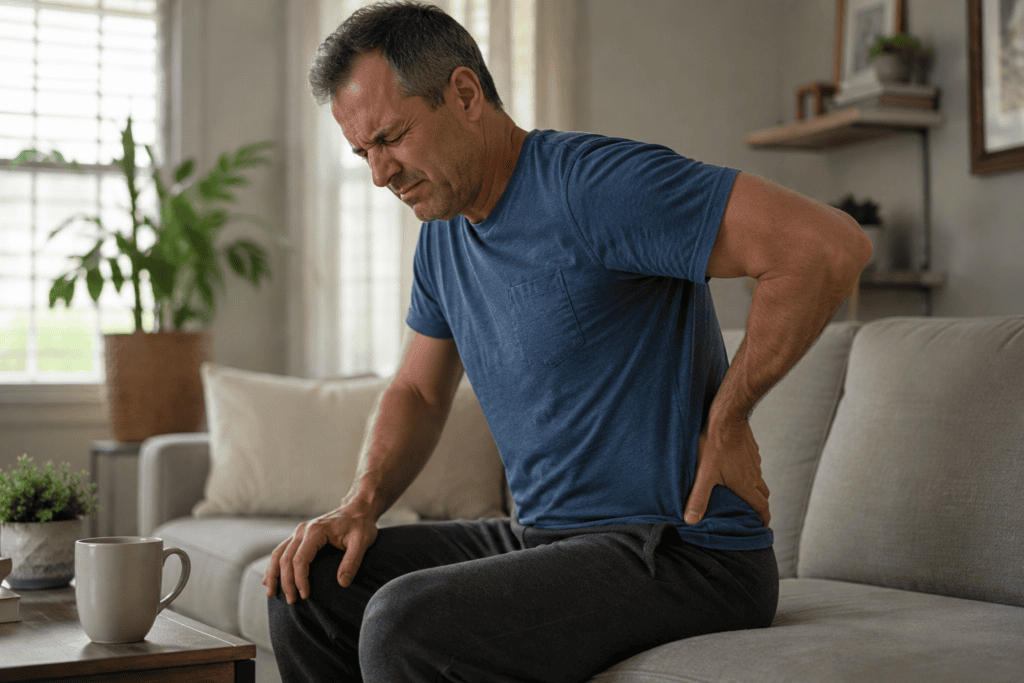 Person sitting on the edge of a couch with one hand pressed to the lower back and upper buttock area, expression communicating the sharp discomfort of sciatic pain.