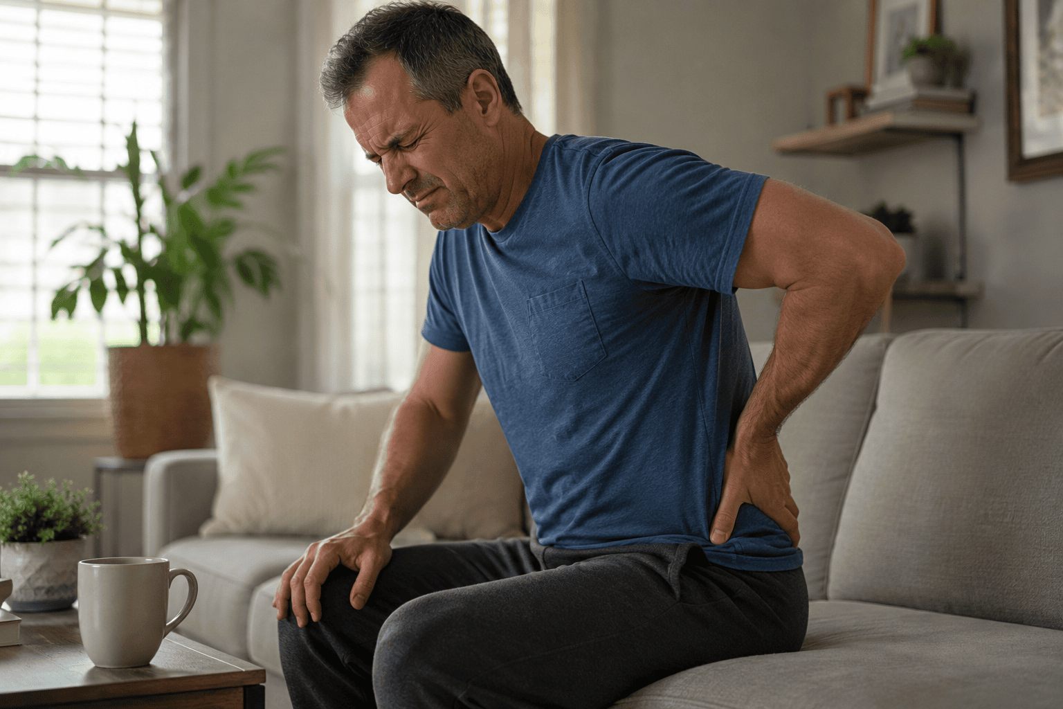 Person sitting on the edge of a couch with one hand pressed to the lower back and upper buttock area, expression communicating the sharp discomfort of sciatic pain.