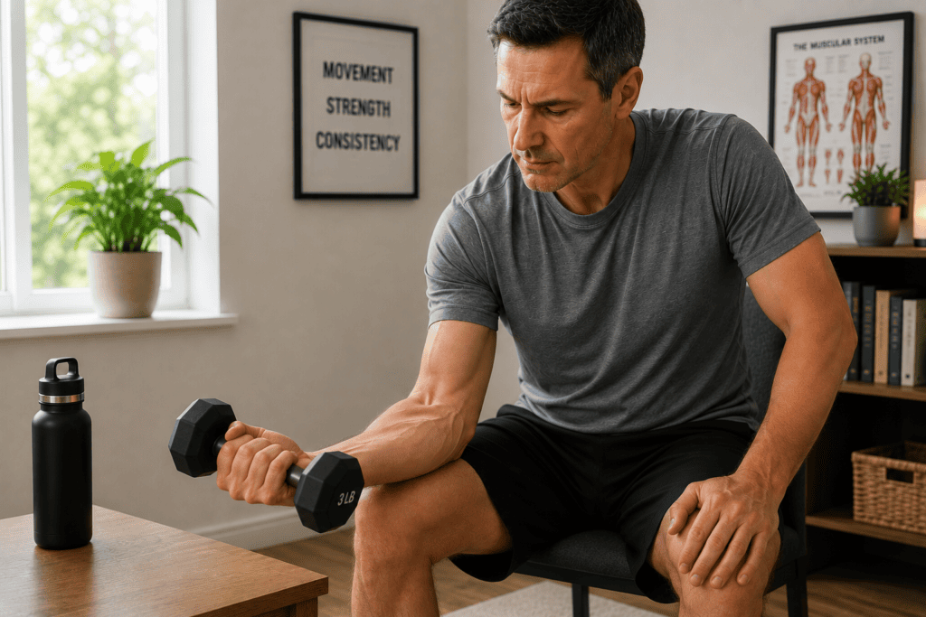 A man performing a slow controlled eccentric forearm exercise with a light dumbbell, demonstrating the movement pattern that supports tendon healing.