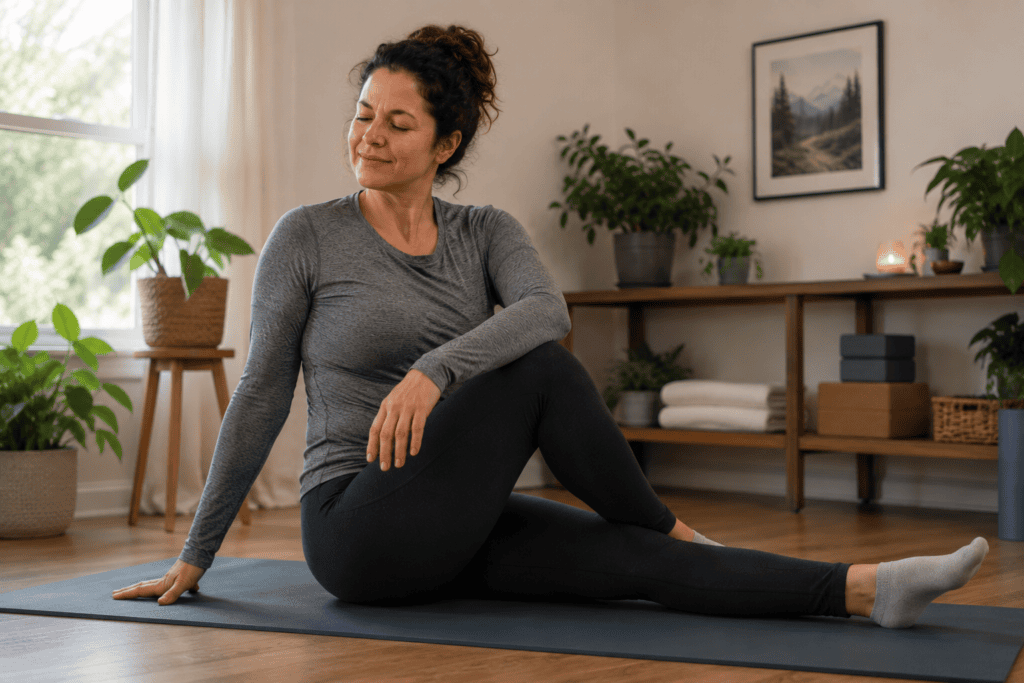 Person in a home yoga space performing a gentle mobility movement that is clearly comfortable and pain-free, illustrating appropriate stretching for muscular rather than nerve-involved patterns.