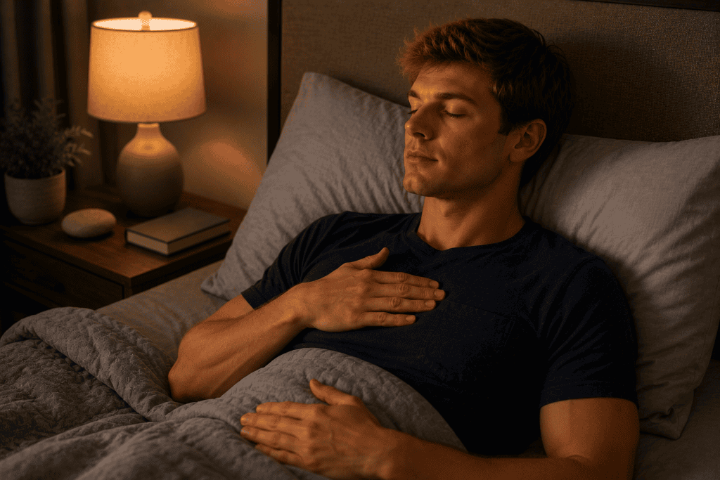 Person practicing the 4-7-8 breathing technique in bed at night with a calm settled expression, illustrating the breath practice that settles the nervous system.