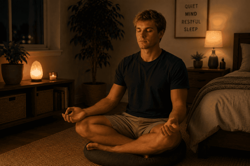 Person in a comfortable seated meditation position in the evening, illustrating the practice that reduces mental activity and physical tension for sleep.